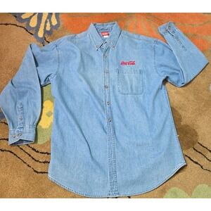 Vintage Coca-Cola Denim Shirt Mens‎ L Button Up Cracker Barrel Embroidered 90s